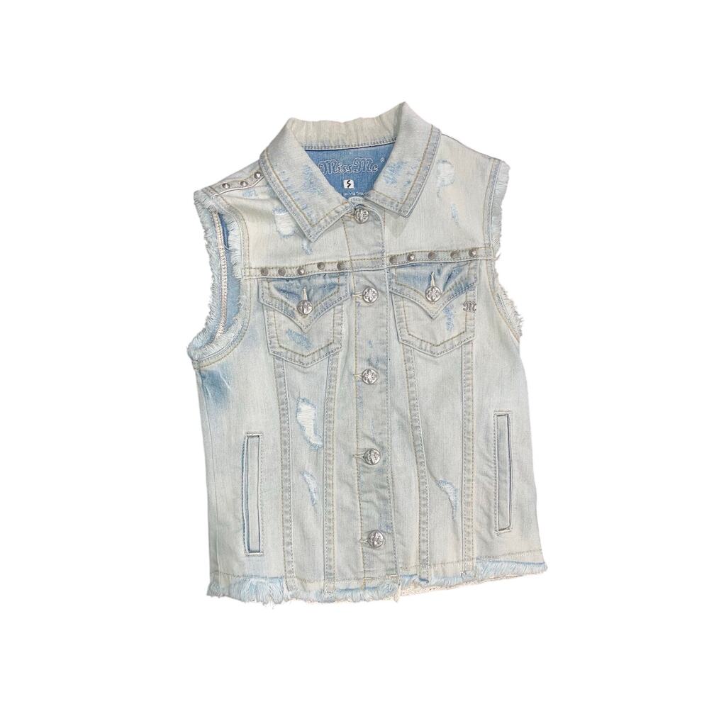 Miss Me Distressed Studded Denim Jean Vest  Size Small Western Cowgirl Y2K 2000s